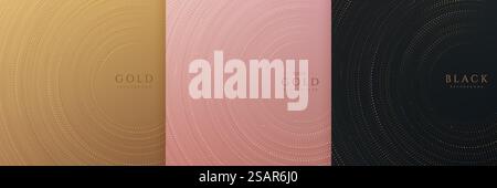 Ensemble de paillettes rayonnantes circulaires radiales se chevauchant sur fond noir, or et or rose. Design demi-teinte luxueux et élégant. Modèle de répétition de points radiaux avec espace de copie. Illustration vectorielle Illustration de Vecteur