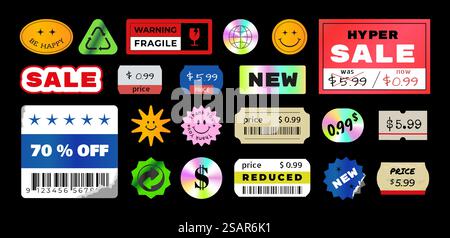 Autocollant de prix. Doodle vintage grunge étiquettes de prix holographiques et étiquettes d'emballage avec des bords déchirés. Affiches de vente. Maquettes carrées et rondes isolées de badges promotionnels textuels. Ensemble d'icônes de marchandise vectorielle. Autocollant de prix. Doodle étiquettes de prix holographiques vintage et étiquettes d'emballage avec des bords déchirés. Affiches de vente. Maquettes carrées et rondes de badges promotionnels textuels. Ensemble d'icônes de marchandise vectorielle Illustration de Vecteur