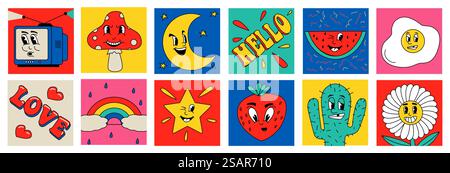 Autocollants rétro abstraits. Dessin animé 30s 40s 50s personnage clip art avec des visages drôles. Arc-en-ciel et pastèque. Vieille télévision. Fleurs heureuses et fraise. Ensemble de bannières lumineuses carrées psychédéliques vectorielles. Autocollants rétro abstraits. Dessin animé 30s 40s 50s personnage clip art avec des visages drôles. Arc-en-ciel et pastèque. Vieille télévision. Fleurs et fraise. Jeu de bannières carrées psychédéliques vectorielles Illustration de Vecteur