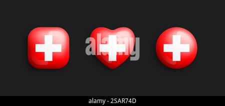 Drapeau national officiel de la Suisse icônes brillantes vectorielles 3D en coeur carré arrondi et en forme de cercle isoler sur fond. Swiss Sign and Symbols Graphic Design Eléments Volumetric Buttons Collection. Suisse drapeau national officiel vecteur 3D icônes brillantes isolé sur fond Illustration de Vecteur