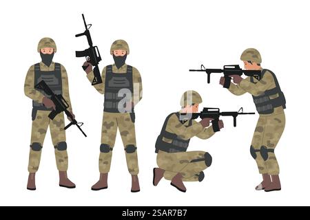 Vecteur de collection d'hommes en uniforme militaire. Concept de soldats entièrement armés. Ensemble de collection de style plat Illustration de Vecteur