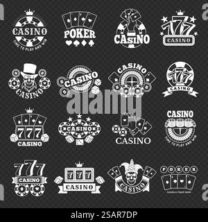 Badges de jeu. Cartes de casino machines à sous et jeux de dés symboles stylisés symboles monochromes vectoriels récents ensemble. Logo de jeu élément casino, badge de jeu. Badges de jeu. Cartes de casino machines à sous et jeux de dés symboles stylisés symboles monochromes vectoriels récents ensemble Illustration de Vecteur