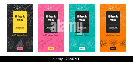 Motif étiquette de thé. Sachets de thé noirs et verts aux goûts variés. Disposition des saveurs de menthe ou de gingembre, d'agrumes et d'anis. Modèle d'emballage. Croquis de plantes et lettrage. Set de boîtes de produits alimentaires vectoriels. Motif étiquette de thé. Sachets de thé noirs et verts aux goûts variés. Saveurs de menthe ou de gingembre, agrumes et anis. Modèle d'emballage. Croquis de plantes et lettrage. Coffrets de produits vectoriels Illustration de Vecteur