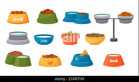 Bol pour aliments pour animaux de compagnie. Conteneurs de dessins animés pour chats et chiens avec repas humide et sec, eau et lait. Plats à alimentation complète pour chiens ou félins. Accessoires vétérinaires pour chatons ou chiots. Jeu de plaques d'alimentation pour animaux domestiques vectoriels. Bol pour aliments pour animaux de compagnie. Conteneurs de dessins animés pour chats et chiens avec repas humide et sec, eau et lait. Aliments pour chiens ou félins. Accessoires pour chatons ou chiots. Jeu de plaques d'alimentation pour animaux domestiques vectoriels Illustration de Vecteur