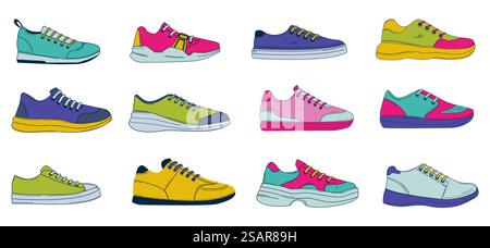 Baskets Doodle. Chaussures de sport et de décontraction dessinées à la main. Chaussures de fitness et de mode colorées pour homme ou femme. Chaussure isolée avec lacets. Vue latérale des bottes unisexes tendance. Ensemble de vêtements de mode vectoriel. Baskets Doodle. Chaussures de sport et de décontraction dessinées à la main. Chaussures de fitness et de mode colorées pour homme ou femme. Chaussure avec lacets. Vue latérale des bottes unisexes. Ensemble de vêtements de mode vectoriel Illustration de Vecteur