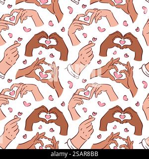 Un design continu avec des gestes de la main symbolisant l'amour, en particulier le coeur du doigt. Cette illustration vectorielle est conçue dans un style d'esquisse, ID Illustration de Vecteur