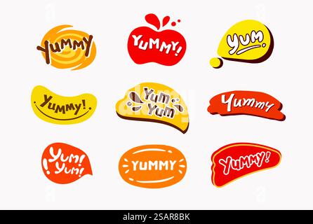 Vector Yummy, Speech Bubbles Collection dessinée à la main, icône mignonne, autocollants de bulle parlante avec un style amusant Illustration de Vecteur