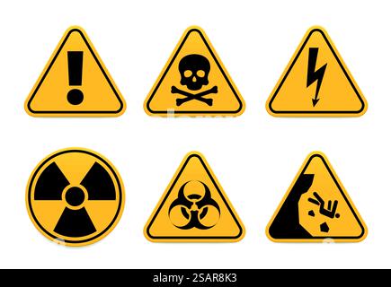 Attention, poison, haute tension, rayonnement, danger biologique et chutes de signes d'avertissement. Restriction de zone toxique ou radioactive, territoire interdit ou zone isolée jaune ensemble d'icônes illustration vectorielle. Attention, poison, haute tension, rayonnement, danger biologique et chutes de signes d'avertissement Illustration de Vecteur