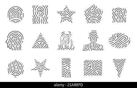 Formes d'empreintes digitales. Icônes d'empreintes digitales circulaires minimalistes, empreinte digitale du visage et balayage de l'iris, carte d'identité et protection de sécurité. Ensemble isolé vectoriel d'illustration biométrique de modèle de sécurité. Formes d'empreintes digitales. Icônes d'empreintes digitales circulaires minimalistes, empreinte digitale du visage et balayage de l'iris, carte d'identité et protection de sécurité. Ensemble isolé de vecteur Illustration de Vecteur