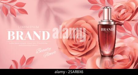 Annonces de bouteille de gouttelettes avec des décorations romantiques de rose en papier dans l'illustration 3D. Publicités pour bouteilles de gouttelettes cosmétiques Illustration de Vecteur