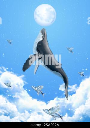 Scène surréaliste de baleine à bosse pénétrant au-dessus des nuages et atteignant la lune d'argent, illustration 3D. Scène surréaliste de baleines brisées Illustration de Vecteur