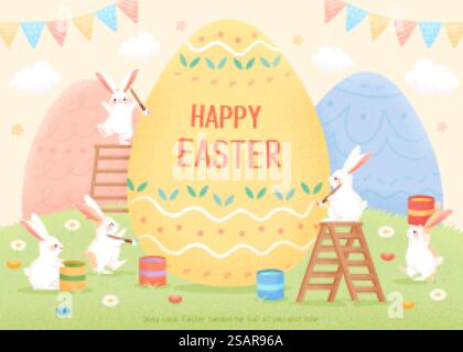 Joyeuses Pâques illustration de l'activité de décoration d'oeufs. Lapins mignons peignant un énorme oeuf dans un beau jardin.. Fond décoratif d'oeufs de Pâques Illustration de Vecteur
