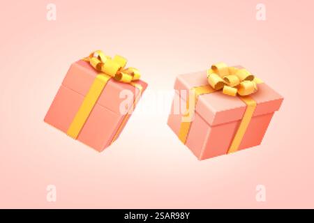 Coffrets cadeaux 3D. Illustration de deux cadeaux roses enveloppés avec des rubans jaunes attachés sur les couvercles. Coffrets cadeaux 3D. Illustration de Vecteur