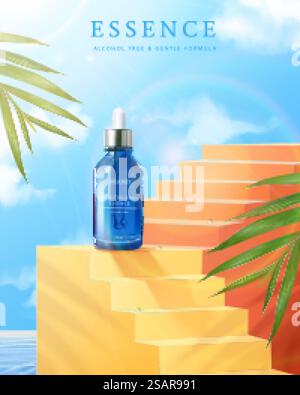 publicité cosmétique 3d face essence. Illustration du sérum hydratant pour le visage affiché sur un escalier sous une journée ensoleillée. publicité cosmétique 3d face essence Illustration de Vecteur