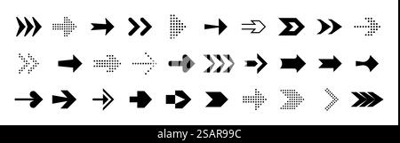 Flèches directionnelles. Symboles de l'interface de marche arrière et arrière. Collection de formes dynamiques gauche ou droite. Lignes noires isolées ou icônes en pointillés. Signes du menu de l'interface utilisateur. Navigation vectorielle ou pointeurs d'orientation définis. Flèches directionnelles. Symboles de l'interface de marche arrière et arrière. Collection de formes dynamiques gauche ou droite. Lignes noires ou icônes en pointillés. Panneaux de menu. Navigation vectorielle ou pointeurs d'orientation définis Illustration de Vecteur