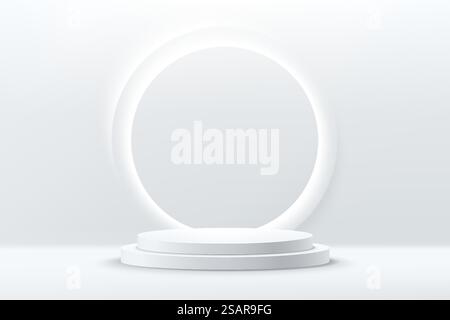 Podium de pied cylindrique en argent brillant abstrait. Concept de salle vide blanche SCI-fi avec éclairage au néon circulaire. Rendu vectoriel de la forme 3D, présentation de l'affichage du produit. Scène de mur blanc futuriste. Illustration de Vecteur