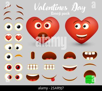 Créateur de personnage d'émoticône cœur rouge, créateur de smiley. Ensemble vectoriel de parties de visage d'émoticône pour votre propre création d'emoji de coeur avec différentes expressions faciales. Joyeuse Valentines Day emoji pack.. Vecteur cœur rouge emoji Maker, créateur d'émoticônes Illustration de Vecteur