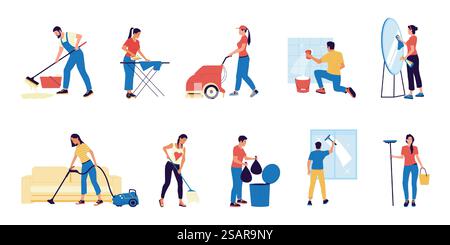 Femme de ménage. Personnages de dessins animés avec vadrouilles et seaux lavant le sol ou la fenêtre. Les gens sortent les ordures et repassent les vêtements. Ensemble de scènes isolées de travail de femme de ménage du service de nettoyage. Entretien ménager vectoriel. Femme de ménage. Personnages avec vadrouilles et seaux lavant le sol ou la fenêtre. Les gens sortent les ordures et repassent les vêtements. Scènes ensemble de travail de femme de ménage du service de nettoyage. Entretien ménager vectoriel Illustration de Vecteur