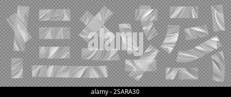 Ruban transparent. Scotch adhésif réaliste avec bords déchirés. Bandes collées 3D pour fixation ou réparation simple. Bandes collantes plissées en plastique et croix. Jeu de pièces isolées en polyéthylène. Autocollants vectoriels. Ruban transparent. Scotch adhésif réaliste avec bords déchirés. Bandes 3D pour fixation ou réparation simple. Bandes collantes plissées en plastique et croix. Jeu de pièces en polyéthylène isolées par vecteur Illustration de Vecteur