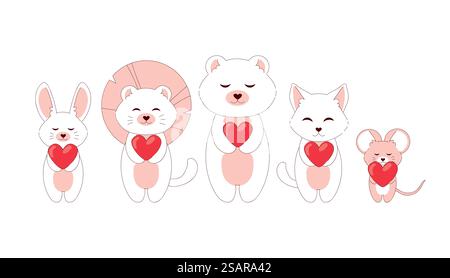 Griffonner des animaux romantiques. Animaux de compagnie de dessin animé avec des coeurs rouges debout dans la rangée. Souris et chaton mignons. Renard blanc ou ours drôle. Jeu de personnages de bébé doux. Créatures kawaii isolées. Eléments d'invitation vectorielle. Griffonner des animaux romantiques. Animaux de compagnie de dessin animé avec des coeurs rouges debout dans la rangée. Souris et chaton mignons. Renard blanc ou ours drôle. Jeu de personnages bébé. Créatures Kawaii. Eléments d'invitation vectorielle Illustration de Vecteur