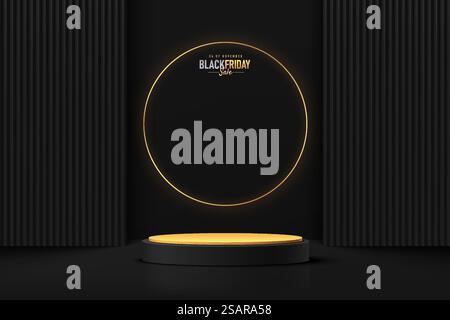 Podium de piédestal cylindrique noir 3D réaliste avec rectangle vertical foncé et anneau doré. Scène de vente de vendredi noir de luxe pour la présentation d'affichage de produit. Plate-forme de rendu géométrique vectoriel. Illustration de Vecteur