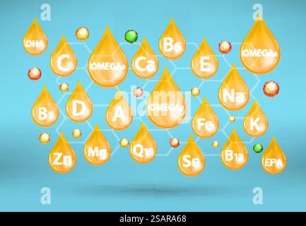 Oméga 3 6 9, gouttes de calcium et de vitamines, illustration vectorielle. Produits nutritionnels oméga. Suppléments multivitaminiques, minéraux et oméga.. Suppléments multivitaminiques, minéraux et oméga, illustration vectorielle Illustration de Vecteur