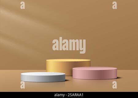 Argent réaliste, or rose et doré 3D cylindre piédestal ou groupe de podium dans une pièce dorée abstraite. Scène de luxe minimale pour la présentation des produits. Conception de plate-forme géométrique de rendu vectoriel. Illustration de Vecteur