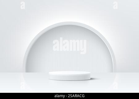 Salle 3D abstraite avec podium de cylindre blanc réaliste et éclairer un fond semi-circulaire. Scène minimale pour la présentation du produit. Conception de plate-forme géométrique vectorielle. Vitrine de scène. Illustration de Vecteur