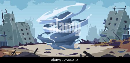 Contexte de catastrophe de tornade. Bande dessinée ouragan destruction par tempête de vent, bâtiments démolis par cyclone, concept de catastrophe orageuse de tornade. Illustration vectorielle de la catastrophe de tornade d'ouragan. Contexte de catastrophe de tornade. Bande dessinée ouragan destruction par tempête de vent, bâtiments démolis par cyclone, concept de catastrophe orageuse de tornade. Illustration vectorielle Illustration de Vecteur