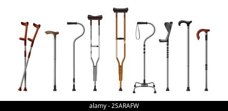 Cannes réalistes. Bâtons et béquilles de marche 3D. Fournitures médicales isolées pour personnes âgées ou blessées. EQUIPEMENT de récupération et de réhabilitation après accident. Ensemble d'accessoires Vector en acier inoxydable. Cannes réalistes. Bâtons et béquilles de marche 3D. Fournitures médicales pour personnes âgées ou blessées. EQUIPEMENT de récupération et de réhabilitation après accident. Jeu d'accessoires en acier Vector Illustration de Vecteur
