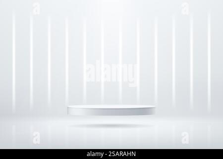 Podium cylindrique abstrait brillant argenté. Concept de salle vide SCI-fi avec éclairage au néon lumineux vertical. Rendu vectoriel de la forme 3D, présentation de l'affichage du produit. Scène murale minimale futuriste. Illustration de Vecteur