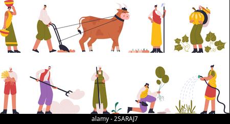 Agriculteurs indiens, personnages de ferme rurale plantant et récoltant. Les agriculteurs dans le sol traditionnel labourant les vêtements, plantant des cultures ensemble d'illustration vectorielle. Ouvriers agricoles indiens. Ouvrier agricole rural avec animal. Agriculteurs indiens, personnages de ferme rurale plantant et récoltant. Les agriculteurs dans le sol traditionnel labourant les vêtements, plantant des cultures ensemble d'illustration vectorielle. Ouvriers agricoles indiens Illustration de Vecteur