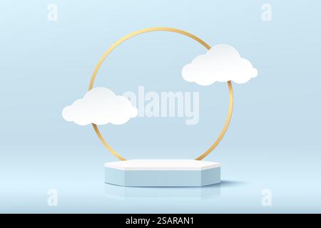 Podium hexagonal blanc. Scène murale minimale bleu clair avec anneau doré et style de coupe papier en forme de nuage. Rendu vectoriel de la forme 3D, présentation de l'affichage du produit. Fond abstrait couleur pastel Illustration de Vecteur