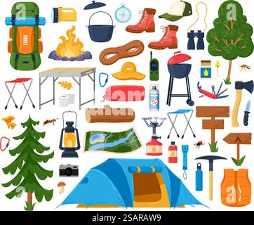 Matériel de randonnée de dessin animé, feu de camp de camping touristique, tente et sac de couchage. Briquet torche, jumelles, barbecue et bottes ensemble d'illustration vectorielle. Tourisme éléments randonnée aventure. Matériel de randonnée de dessin animé, feu de camp de camping touristique, tente et sac de couchage. Briquet torche, jumelles, barbecue et bottes ensemble d'illustration vectorielle. Éléments touristiques Illustration de Vecteur