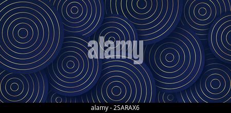 Cercle radiant bleu foncé et couleurs dorées pour le fond d'illusion. Fond de modèle de luxe bleu et or. Conception de motif de chevauchement de cercle abstrait avec ombre. Vecteur EPS10 Illustration de Vecteur