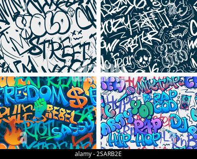 Motif graffiti. Abstrait Riot Street art, tags YOLO urbains et ensemble de fond vectoriel continu hip-hop rap graffitis. Écriture Freestyle, ville moderne et culture créative. Motif graffiti. Abstrait Riot Street art, tags YOLO urbains et ensemble de fond vectoriel continu hip-hop rap graffitis Illustration de Vecteur