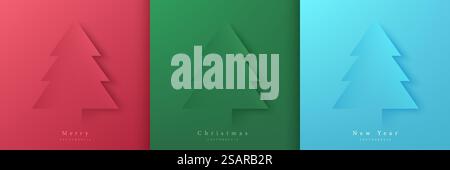 Ensemble de joyeux sapin de noël sur rouge, vert et bleu clair dans le fond coupé de papier. Éléments du festival du jour de l'an. Vue de dessus de la scène de présentation du produit. Conception plate simple. Vecteur EPS10. Illustration de Vecteur