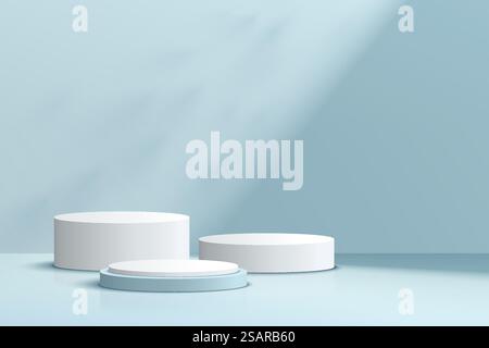 Abstrait réaliste 3D blanc et bleu podium cylindrique ensemble avec ombre et éclairage. Scène minimale bleu pastel pour la présentation du produit. Plate-forme de rendu géométrique vectoriel. Chambre Studio Illustration de Vecteur