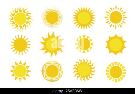 Icônes soleil. Collection d'éléments graphiques simples ronds, symboles météo jaune soleil d'été pour l'impression et le logo. Silhouettes solaires de soleil de cercle graphique pour le décor, ensemble vectoriel isolé sur fond blanc. Icônes soleil. Collection d'éléments graphiques simples ronds, symboles météo jaune soleil d'été pour l'impression et le logo. Silhouettes solaires de soleil de cercle graphique, ensemble de vecteur isolé sur blanc Illustration de Vecteur