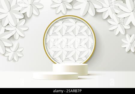 Élégant fond floral découpé en papier blanc avec podium d'affichage blanc pour maquette Illustration de Vecteur
