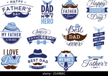 Étiquette Happy Father Day. Badge vintage pour le meilleur père jamais et le père héros, ensemble de vecteur autocollant de félicitations. Célébration de vacances masculines, éléments pour cartes de vœux avec lettrage ou texte. Étiquette Happy Father Day. Badge vintage pour le meilleur père jamais et le père héros, ensemble de vecteur autocollant de félicitations Illustration de Vecteur