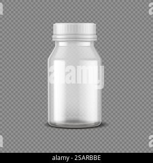 Bouteille de pilules vierges. Récipient en plastique médical réaliste pour capsules. Flacon 3D avec bouchon blanc sur fond transparent. Emballage pharmaceutique pour médicaments ou vitamines, maquette d'identité de marque vectorielle. Bouteille de pilules vierges. Récipient médical réaliste pour capsules. Flacon 3D avec bouchon sur fond transparent. Emballage pharmaceutique pour médicaments ou vitamines, maquette d'identité de marque vectorielle Illustration de Vecteur