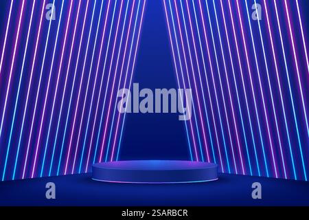 Podium de piédestal cylindrique bleu 3d réaliste avec salle abstraite bleu foncé Sci-fi avec éclairage au néon brillant vertical perspective. Présentation d'affichage de produit de rendu vectoriel. Scène futuriste Illustration de Vecteur