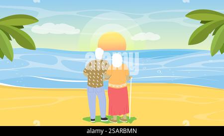 Vieux couple aimant senior regardant le coucher du soleil pendant la datation romantique sur l'illustration vectorielle de bord de mer. Vue de dos sur l'homme âgé et la femme embrassant profitant de la tranquillité des meilleurs moments de la vie du soir. Vieux couple amoureux senior regardant le coucher du soleil lors de rencontres romantiques en bord de mer Illustration de Vecteur