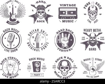 Écussons Rock. Éléments musicaux ailes de guitare microphone emblèmes de feu de moto vecteur exact symboles monochromes collection de musique guitare rock illustration. Écussons Rock. Éléments musicaux guitare ailes microphone emblèmes de feu de moto vecteur exact collection de symboles monochromes Illustration de Vecteur