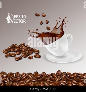 Tasse de café blanc, grains torréfiés tombant, éclaboussure de café, arabica, americano, espresso, texture de café, illustration vectorielle réaliste 3d. Tasse de café, grains torréfiés tombant, éclaboussure de café, arabica, americano, espresso, texture de café, illustration vectorielle réaliste 3d. Illustration de Vecteur