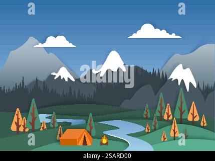 Modèle d'affiche de camping d'été, illustration vectorielle dans le style d'art de papier. Camping de montagne, randonnée, concept de trekking avec forêt, montagnes, rivière, feu de camp et tente.. Camp de montagne, illustration vectorielle dans le style d'art de papier Illustration de Vecteur