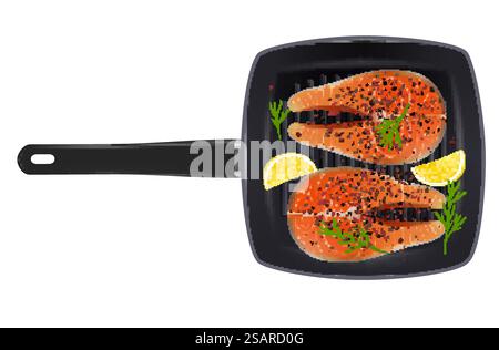 Poêle griller avec des steaks de poisson de saumon, des tranches de citron, du poivre et de l'herbe épicée au romarin, illustration vectorielle isolée sur fond blanc. Fruits de mer grillés pour le restaurant, le menu de café etc. Griller la poêle avec des steaks de poisson de saumon, illustration réaliste isolée vectorielle Illustration de Vecteur