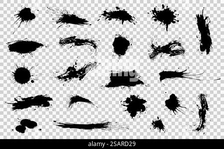 Ensemble de taches noires, coups de pinceau. Collection vectorielle de coups de pinceau créatifs créatifs faits à la main noir artistique isolés sur fond transparent. Eléments de conception grunge. Illustration vectorielle EPS10 Illustration de Vecteur