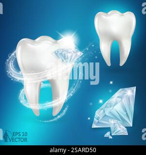 Dent blanche et diamants brillants, blanchiment des dents en cristal, vortex propre, icône vectorielle réaliste 3D. Dent blanche et diamants brillants sertis, blanchiment des dents en cristal, vortex propre, illustration vectorielle réaliste 3D. Illustration de Vecteur